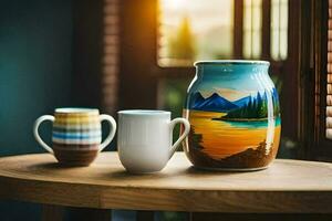 two coffee mugs and a vase on a table. AI-Generated photo