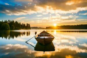 a boat on a lake at sunset. AI-Generated photo