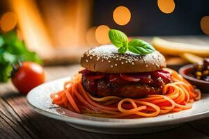 a hamburger with spaghetti on a plate. AI-Generated photo