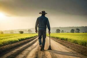 un hombre caminando abajo un suciedad la carretera con un escoba. generado por ai foto