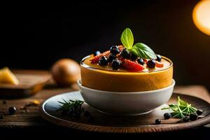 a dessert with fruit and spices on a wooden table. AI-Generated photo