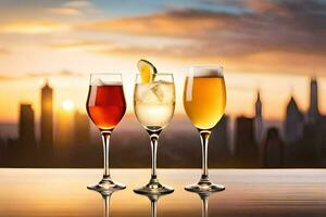 three glasses of different drinks with city skyline in the background. AI-Generated photo