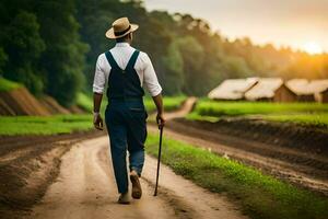 a man walking down a dirt road with a cane. AI-Generated photo