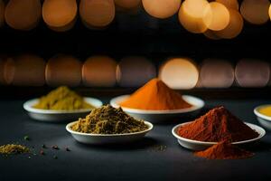 a variety of spices in bowls on a table. AI-Generated photo