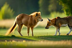 dos leopardo y un león son en pie en el césped. generado por ai foto