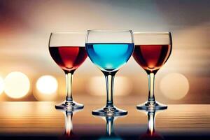 three glasses of wine on a table with blurred background. AI-Generated photo