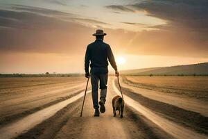 un hombre caminando su perro en un suciedad la carretera a puesta de sol. generado por ai foto