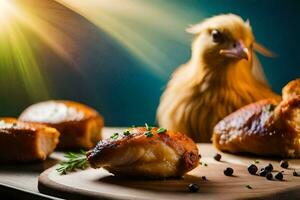 pollo en un corte tablero con especias generado por ai foto