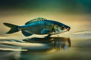 a fish is standing in the water with its reflection. AI-Generated photo