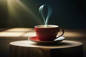 a cup of coffee on a table with steam coming out of it. AI-Generated photo