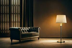 un negro cuero sofá y lámpara en un habitación. generado por ai foto