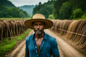 a man in a hat standing in front of a herd of cattle. AI-Generated photo