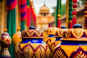 colorful vases are lined up in front of a building. AI-Generated photo