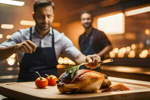 cocinero preparando un asado pollo en el cocina. generado por ai foto