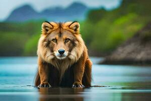 un león en pie en el agua mirando a el cámara. generado por ai foto