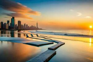 the sun sets over the city skyline in this photo. AI-Generated photo