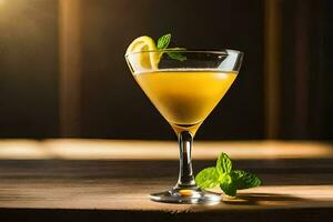 cocktail with lemon and mint on a wooden table. AI-Generated photo