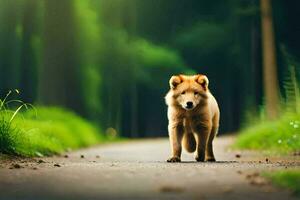un pequeño marrón perro caminando abajo un camino en el bosque. generado por ai foto