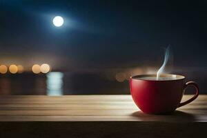 café taza en un mesa con un Luna en el antecedentes. generado por ai foto