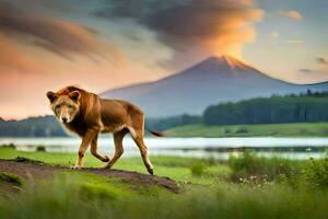 a lion is walking in front of a lake and mountains. AI-Generated photo