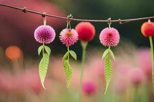 flowers hanging from a wire in a field. AI-Generated photo