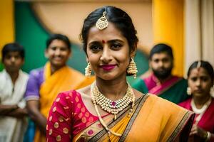 a woman in a sari with a group of people behind her. AI-Generated photo