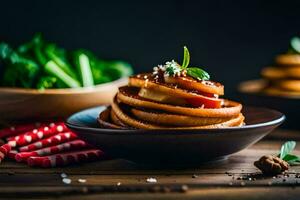 a plate of pancakes with vegetables and herbs. AI-Generated photo