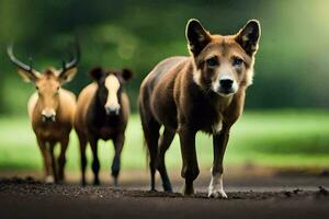 a dog and two deer walking on a dirt road. AI-Generated photo