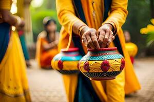 a woman in a colorful sari is holding a pot. AI-Generated photo