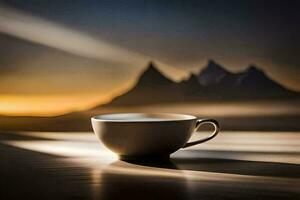 a cup of coffee on a table in front of mountains. AI-Generated photo