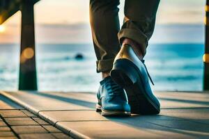 a man wearing blue shoes walking on a pier. AI-Generated photo