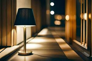 a lamp is sitting on a floor near a window. AI-Generated photo