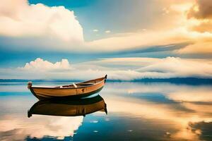 a boat floating on the calm water with clouds. AI-Generated photo