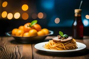 spaghetti with meat and tomatoes on a plate. AI-Generated photo