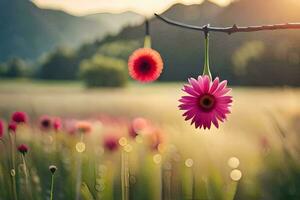 pink flowers hanging from a branch in a field. AI-Generated photo