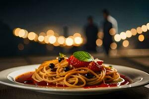 a plate of spaghetti with berries and sauce on a wooden table. AI-Generated photo