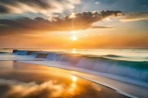 sunset over the ocean with waves crashing into the shore. AI-Generated photo