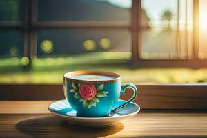 café taza, el ventana, amanecer, el campo, naturaleza, hd fondo de pantalla. generado por ai foto