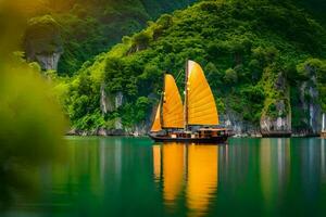 a boat with yellow sails in the water. AI-Generated photo