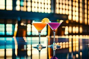 two colorful cocktails on a bar counter with a city skyline in the background. AI-Generated photo