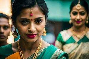 a woman in a green sari with gold jewelry. AI-Generated photo