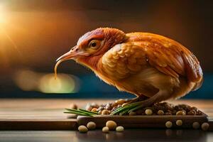 a small bird is sitting on a plate with beans. AI-Generated photo