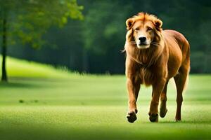 a lion walking across a green field. AI-Generated photo