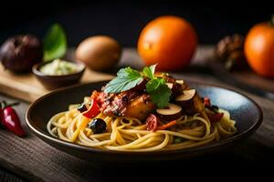 spaghetti with meat and vegetables in a bowl. AI-Generated photo