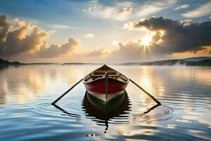 un barco en un lago a puesta de sol. generado por ai foto