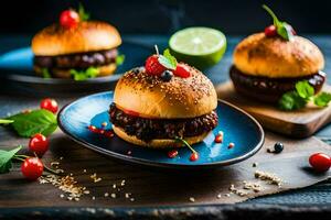 three burgers with cherries and a lime on a blue plate. AI-Generated photo
