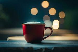 a red cup of coffee on a wooden table with lights in the background. AI-Generated photo