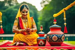 un mujer en tradicional indio atuendo se sienta en el suelo con un maceta. generado por ai foto