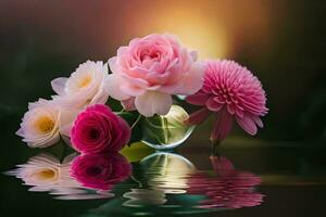 pink flowers in a vase with water reflection. AI-Generated photo