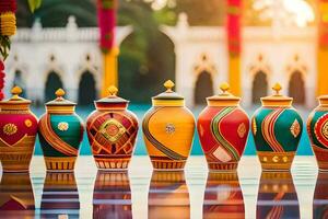 a row of colorful vases lined up on a table. AI-Generated photo